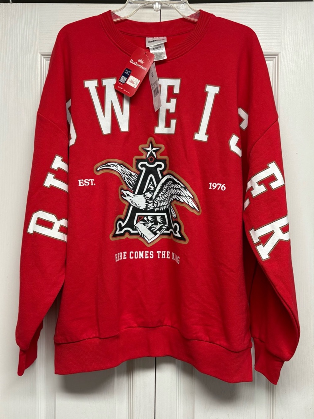 Budweiser Red Crewneck Sweatshirt with White Lettering and Eagle Graphic